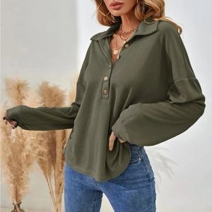 Army green, casual, collar, loose, long sleeve